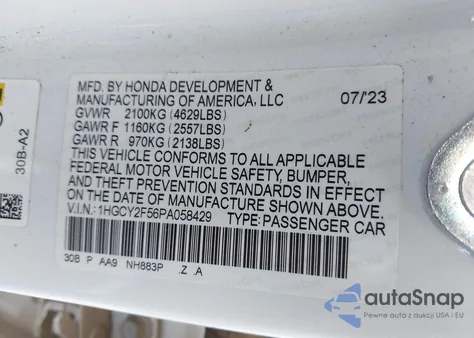 2023 Honda Accord Hybrid Sport из США, поврежденный, VIN 1HGCY2F56PA058429